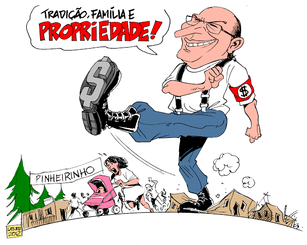 Charge de Carlos Latuff mostrando Geraldo Alckmin com bota e braçadeira com cifrão pisando na comunidade do Pinheirinho